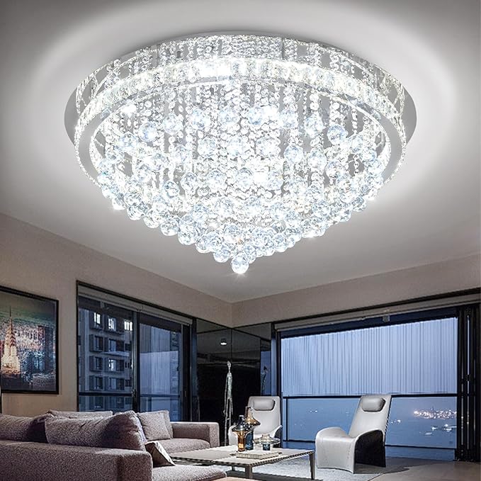 Dia 32" Modern Crystal Chandeliers for Living Room LED Dimmable Raindrop Chandelier Silver Ceiling Pendant Light with Remote Flush Mount Crystal Ceiling Light for Dining Room Bedrooms Foyer