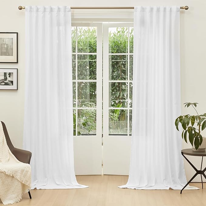 MYSKY HOME Floor to Ceiling Curtains 108 Inches White Sheer Window Drapes 2 Panel Sets Back Tab Draperies Linen Look Boho Fabric, Soft Cotton Blend Light Filtering for Living Room
