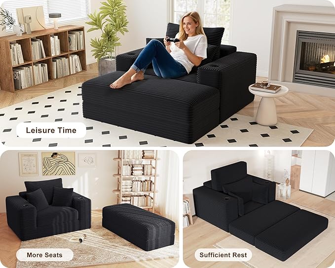 62" Oversized Chaise Lounge Chair Indoor, Fluffy Corduroy Upholstered Boneless Couch, Convertible Sleeper Sofa Bed & Reading Chair, Cloud Sofa Couches for Living Room, No Assembly, Black