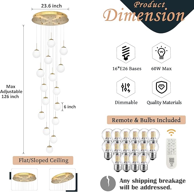 KoKo&Yukina 16-Light Gold Mid Century Modern Chandelier for Living Room Staircase Chandelier for Entryway Globe Milky White Glass Pendant Light High Ceiling Chandeliers Foyer (Bulb & Remote Incl.)