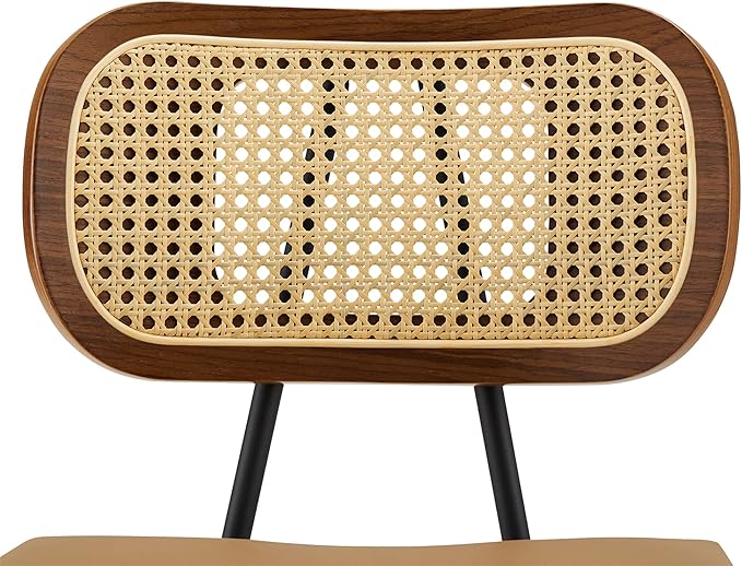 Counter Height Bar Stools Set of 4, 26" Mid Century Modern Rattan Bar Stools for Kitchen Counter PU Leather Upholstered Barstool with Wood Legs, Counter Height Island Stool Chair, Brown & Walnut