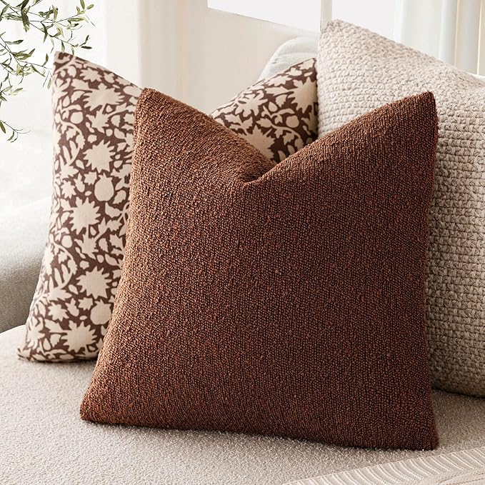 Foindtower Set of 2, Decorative Textured Boucle Throw Pillow Covers Accent Solid Pillow Cases Neutral Soft Cozy Couch Cushion Case for Chair Sofa Bedroom Living Room Home Decor 24x24 Inch Red Taupe