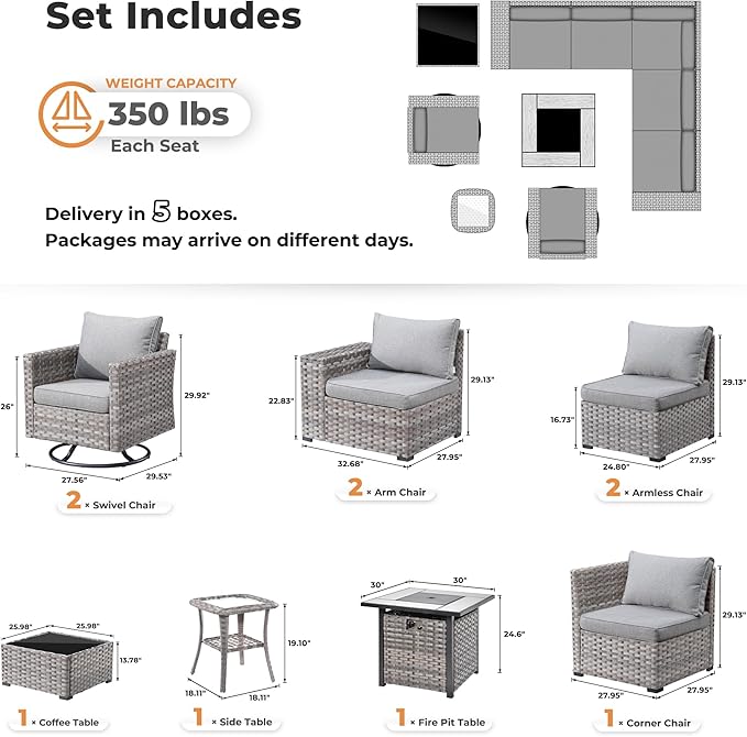 ovios 10 Pieces Patio Furniture Set, Outdoor Wicker Sectional Sofa with 30" Fire Pit Table Swivel Chairs, Modern Modular Deep Seat Rattan Couch Conversation Sets, Dark Grey