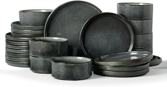 Famiware Star Dinnerware Set, Plates and Bowls Sets for 8 (24pcs), Ribbed Stoneware Dishes - Chip & Scratch Resistant, Microwave & Dishwasher Safe, Deep Forest