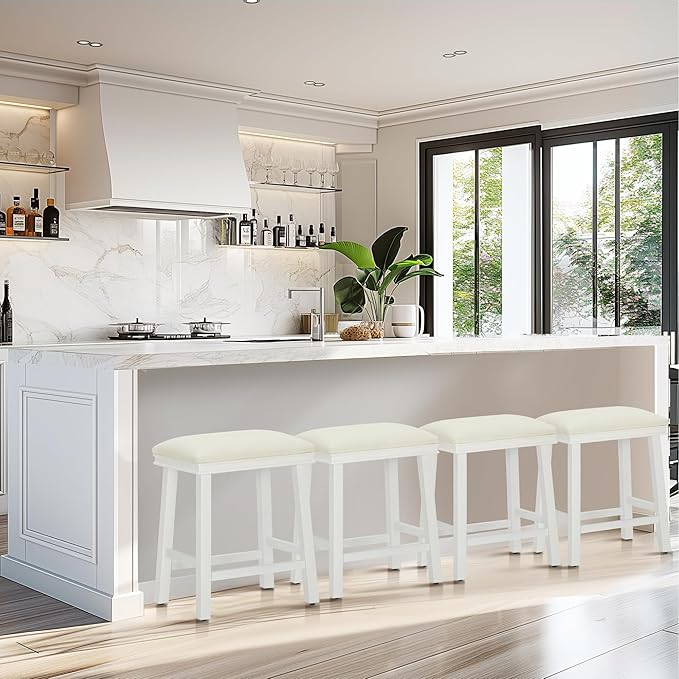 MAISON ARTS White Counter Height 24 inch Bar Stool for Kitchen Counter Solid Wood Leg with Faux Leather Padded Seat Farmhouse Barstool for 34"-38" Counter Island Upholstered Stool