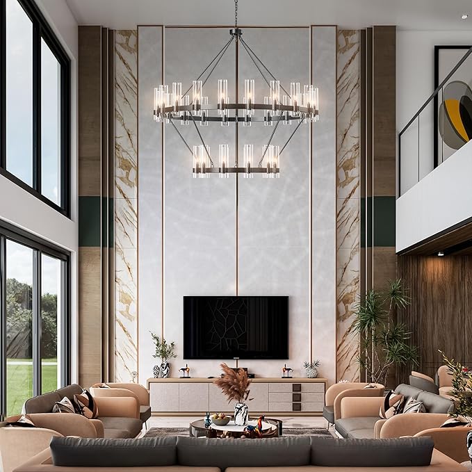 60" Black Chandelier, 2 Tier Wagon Wheel Chandelier with Glass Shade, 30-Lights Large Round Modern Farmhouse High Ceilings Pendant Lighting Fixture for Dining Room, Living Room, Kitchen, Foyer