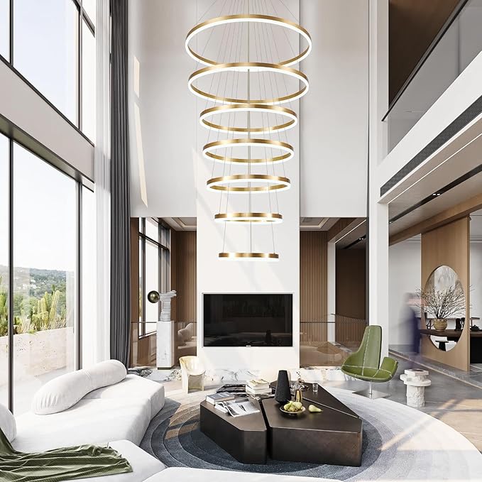 7 Rings Modern LED Chandelier Gold Dimmable Large Foyer Chandeliers Entryway High Ceiling for Staircase, High Ceiling Pendant Lights for Entryway Living Room, 3000K-6500K CCT