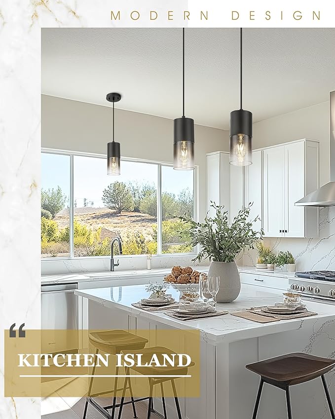 Black Pendant Lights Kitchen Island, Modern Hanging Lights Fixtures with Cylinder Black Gradient Glass, Industrial Kitchen Pendant Lighting Over Island for Dining Room, AD-24023-1P-BK-SM
