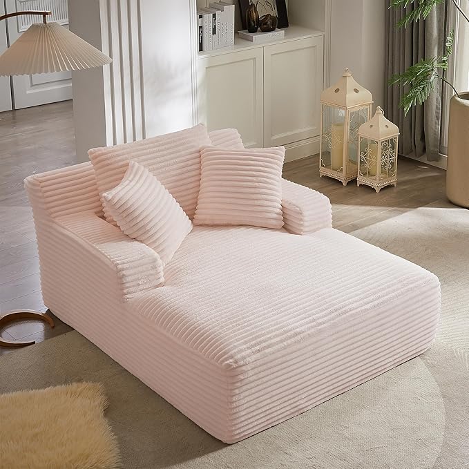 GNIXUU Oversized Boneless Chaise Lounge Chair Indoor, Comfy Fluffy Lounge Sofa Upholstered Sleeper Sofa Couch with Throw Pillows and Armrests, Corduroy Plush Cloud Chair for Living Room, Pink