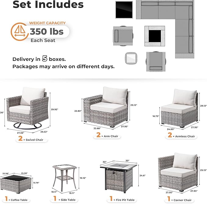 ovios 10 Pieces Patio Furniture Set, Outdoor Wicker Sectional Sofa with 30" Fire Pit Table Swivel Chairs, Modern Modular Deep Seat Rattan Couch Conversation Sets, Beige