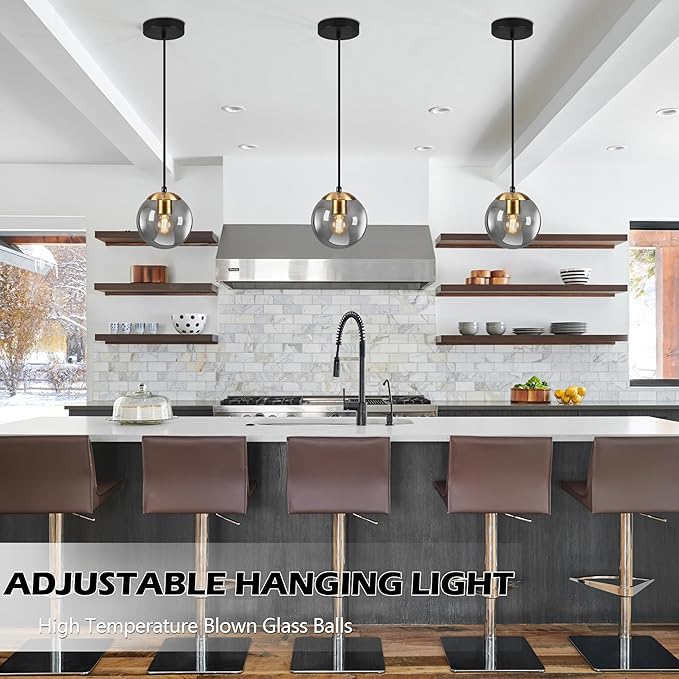 KoKo&Yukina 6 Inch Globe Pendant Light Gold Globe Pendant Lights Kitchen Island Mid Century Light Fixture with Grey Glass Shade for Dining Room