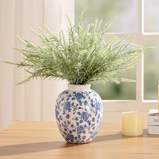 Ceramic Flower Vase, Blue and White Vintage Decorative Vase Chinoiserie Decor Rustic Farmhouse Retro Floral Vases for Table Bookshelf Mantel Kitchen Living Room Office - 7.8inch