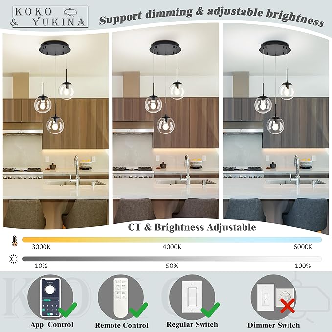 KoKo&Yukina 3-Light Globe Glass Pendant Light Modern Black Clear Globe Glass Chandelier Adjustable Length Pendant Lights Fixtures High Ceiling Light for Kitchen Island Foyer (Bulb & Remote Incl.)