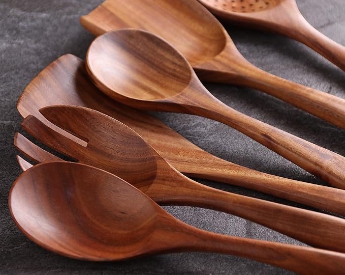 Wooden Spoons for Cooking, 6 Pcs Wooden Utensils for Cooking, Natural Teak Wood Non-Stick Cooking Spoons, Wood Utensils Set for Kitchen