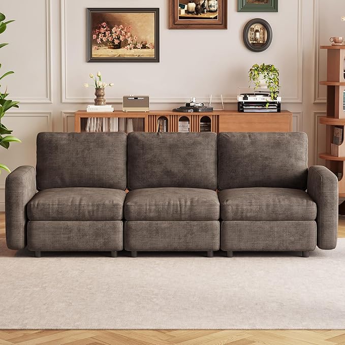 3-Seat Modular Sofa Couch with Ergonomic Cushions, Convertible Sleeper Loveseat for Living Room Bedroom Apartment, Brown Cloud Futon Lounge Sectional Furniture Set