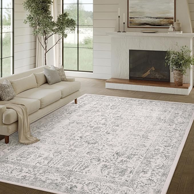 Gray Area Rug 5x8 Machine Washable Vintage Living Room Distressed Non Slip Carpet Traditional Indoor Bedroom Grey Retro Floral Accent Throw Large Rug for Office Kitchen Bathroom Dining Room