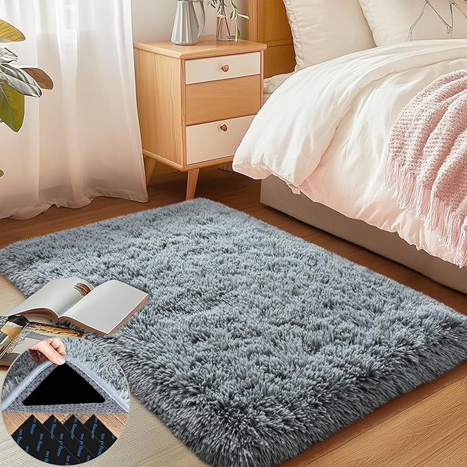 2x3 Area Rug for Bedroom, Small Grey Rugs for Living Room Nursery Kids Room Dorm Home Decor Aesthetic, Fluffy Shaggy Rug with 4 Anti-Slip Carpet Tapes