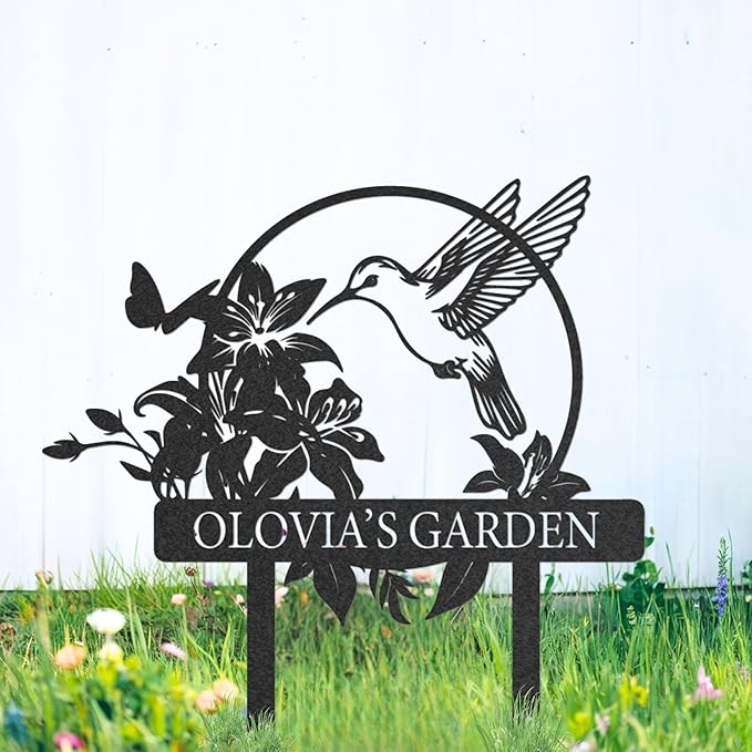 Personalized Metal Garden Sign, Custom Name Stake Decor, Hummingbird Yard Art, Outdoor Gardening Metal Decor, Home Garden Stake, Gifts for Gardeners