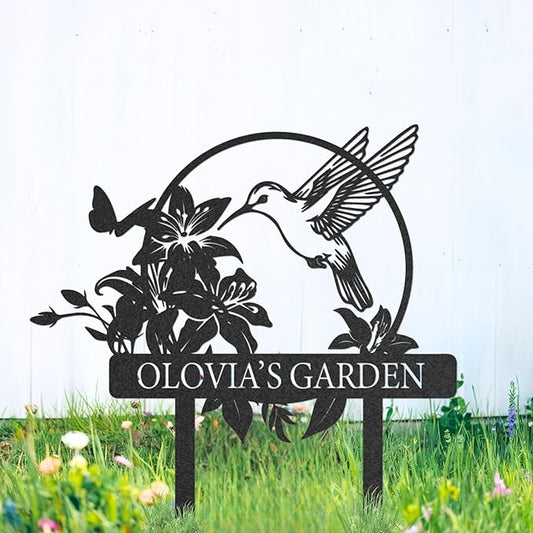 Personalized Metal Garden Sign, Custom Name Stake Decor, Hummingbird Yard Art, Outdoor Gardening Metal Decor, Home Garden Stake, Gifts for Gardeners