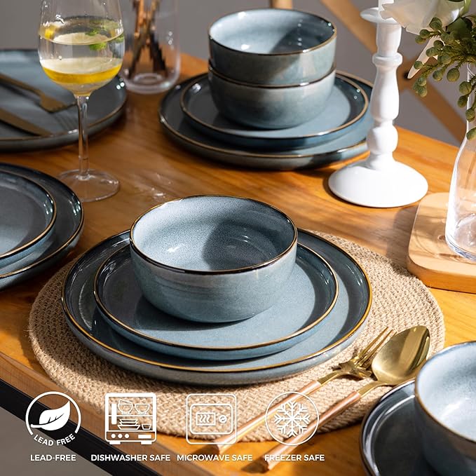 GBHOME Ceramic Dinnerware Sets for 8, 24 Pieces Stoneware Plates and Bowls Sets, Scratch Resistant Dishes, Dishwasher & Microwave Safe, Reactive Glaze-Space