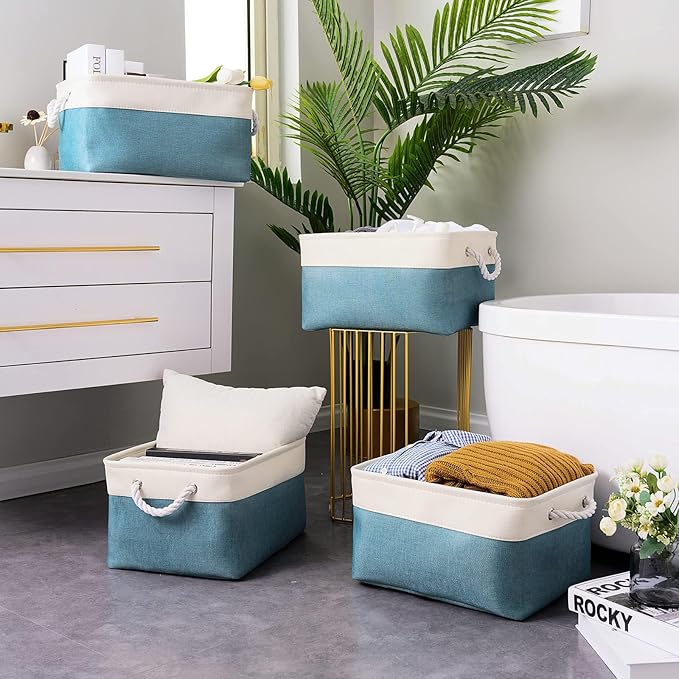 TcaFmac Storage Basket for Organizing - Large 4 Pack Fabric Storage Bins Baskets for Shelves with Ropes, Collapsible Storage Cubes for Closet Toy (White & Green16x12x8 inch)