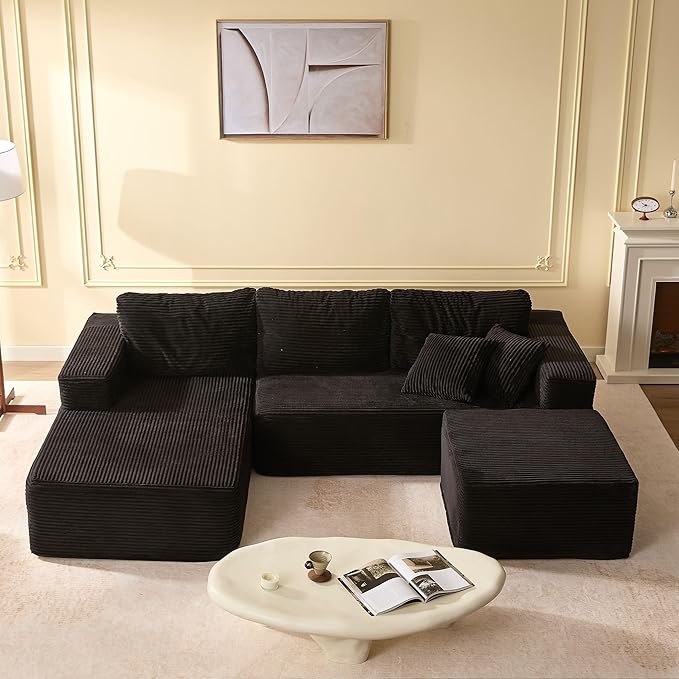 107" Boneless Couch with Deep Seat, Modular Sectional Sofa, Cloud Sectional Couch for Living Room, No Assembly Required, Corduroy, U-Shape 3 Seater Left, Black