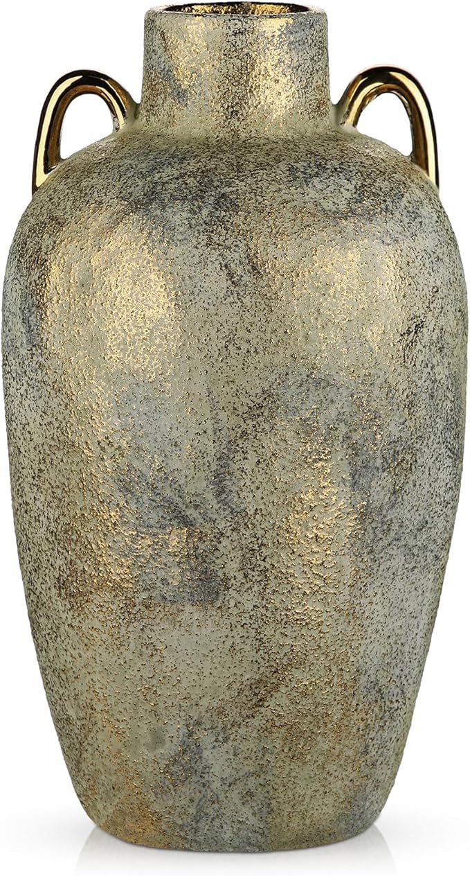 Large Ceramic Vase, 13.7" Tall Rustic Farmhouse Vase, Vintage Flower Vase with 2 Ears, Electroplated Terracotta Rustic Vases for Home, Living Room, Shelf, Mantel, Entryway, Wedding, Table Centerpiece