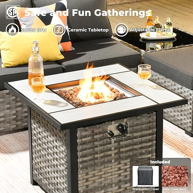 ovios 10 Pieces Patio Furniture Set, Outdoor Wicker Sectional Sofa with 30" Fire Pit Table Swivel Chairs, Modern Modular Deep Seat Rattan Couch Conversation Sets, Black