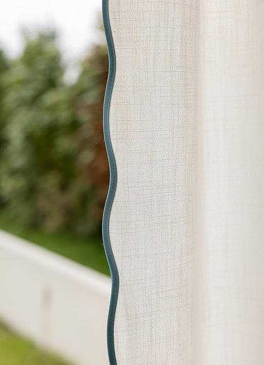 Linen Blend Scalloped/Wavy Trim, Ripple Fold Curtains for Living Room, Bedroom, Home Office, Kids Room & Dining - Light Filtering Curtains - Set of 2 - Mist Blue, (50" W x 96" L)