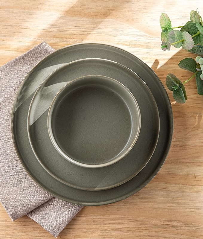 TheTerra Ceramic Dinnerware Sets for 4, 12 Pieces Handmade Reactive Glaze Plates and Bowls Set, Scratch Resistant Dish Set, Oven & Microwave & Dishwasher Safe, Matte Green