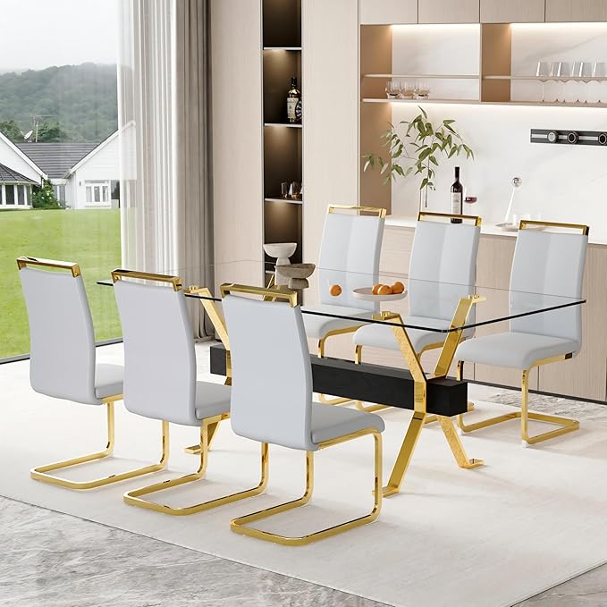 7 Piece Glass Dining Table Set, 79" Modern Dining Table Set for 6, 0.5" Thick Tempered Glass Tabletop with Gold Chrome Metal Legs and Black Crossbar, 6 PU Chairs for Dining Room, Kitchen