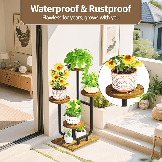 LASZOLA Black 4 Tier Tall Metal and Wood Plant Stand Indoor, Large Heavy Duty Planter Holder Rack for Vertical Corner, Sturdy Iron Spiral Multiple High Flower Organizer for Rustic Patio House Bathroom