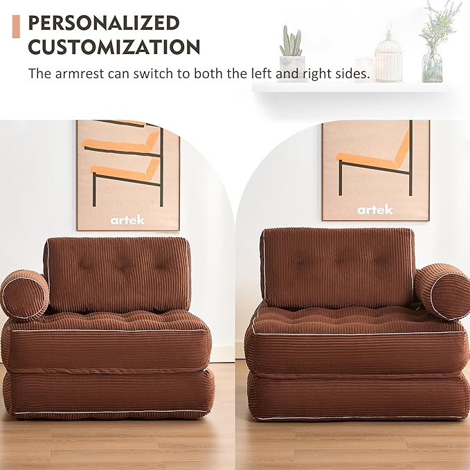 Plus Futon Sofa Bed for Small Spaces, Floor Couch with Armrest, Folding Sofa Couch, Convertible Sleeper Chair Bed with Pillow, Portable Comfy Floor Lounge for Living Room and Bedroom, Brown