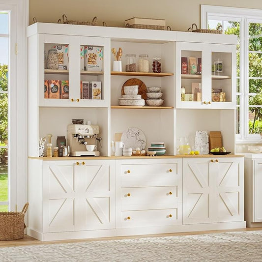 71" Farmhouse Kitchen Pantry, Rustic Freestanding Coffee Bar Hutch with Microwave Stand, Storage Cabinet with Glass Doors, Drawers & Adjustable Shelves for Kitchen or Living Room, Set of 3, White
