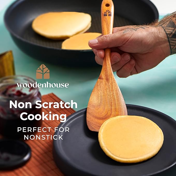 Teak Wooden Utensil Set with Spoon Rest & Hooks - Durable Wooden Spoons for Cooking with Comfort Grip - Effortless Clean, Non-Stick Friendly 8 Pcs