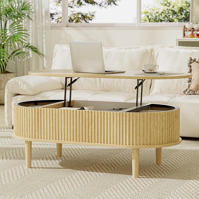 EAG Fluted Lift Top Coffee Table with Hidden Compartment, 39 Inch Modern Oval Coffee Table with 3 Storage, Fully Wooden Assembled Center Table for Living Room, Office, Natural