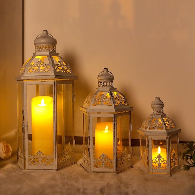 TRIROCKS Large Set of 3 Decorative Lanterns 19''&13.5''&9.5" H Vintage Hanging Lantern Metal Candleholder with Tempered Glass for Indoor Outdoor Home Decor Parties Garden(White with Grey Brush)