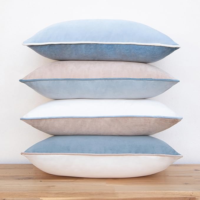 MONDAY MOOSE Decorative Throw Pillow Covers Cushion Cases, Set of 4 Soft Velvet Modern Double-Sided Designs, Mix and Match for Home Decor, Pillow Inserts Not Included (12x20 inch, Beige/Light Blue)