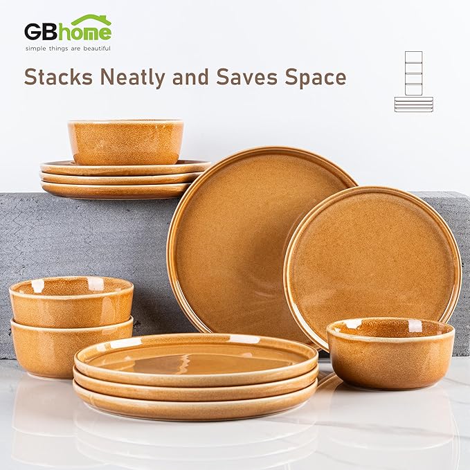 GBHOME Ceramic Dinnerware Sets for 4, 12 Pieces Stoneware Plates and Bowls Sets, Scratch Resistant Dishes, Dishwasher & Microwave Safe, Reactive Glaze-Amber