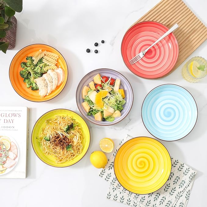 KitchenTour Pasta Bowls, Ceramic Salad Bowls Serving Bowl Set 26 oz, 8 Inch Colorful Porcelain Wide and Shallow Bowls Set - Dishwasher and Microwave Safe - Set of 6