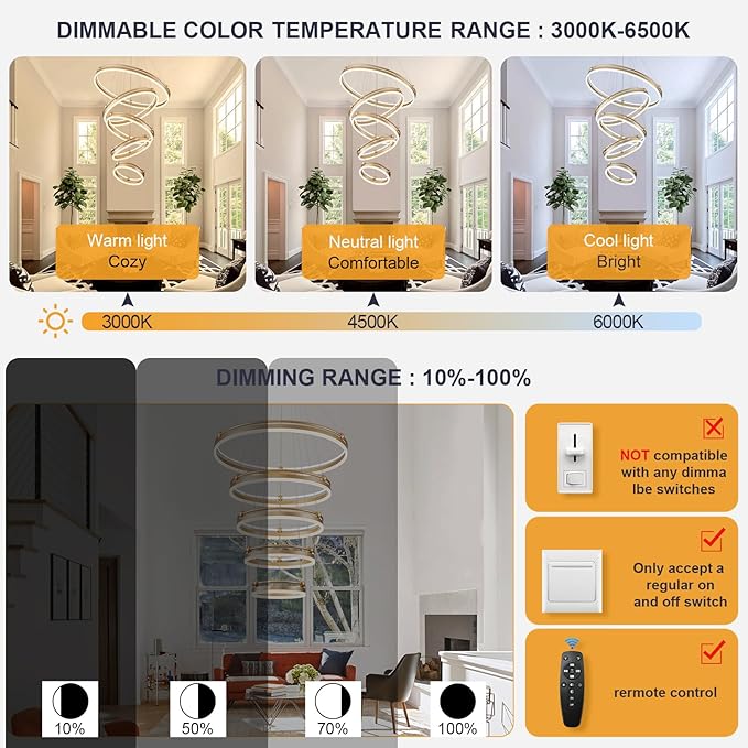 5-Rings Modern LED Chandelier Gold Dimmable Large High Ceiling Chandeliers Foyer, Remote Pendant Lighting for Foyer Entryway Dining Room Living Room Staircase(10-Ring Lighting, D29.5)