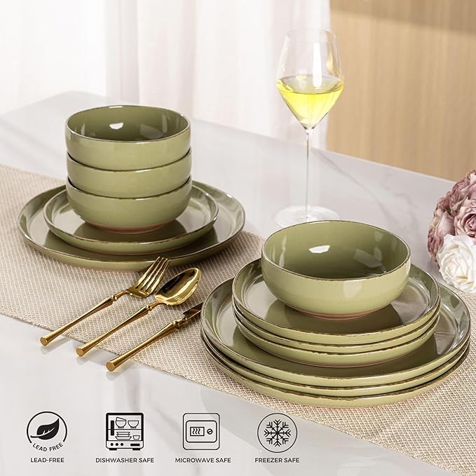 AmorArc Ceramic Dinnerware Sets for 4, 12 Pieces Handpainted Plates and Bowls Set with Rustic Terracotta Underside, Scratch Resistant Stoneware Dishes Set, Dishwasher & Microwave Safe, Olive Green