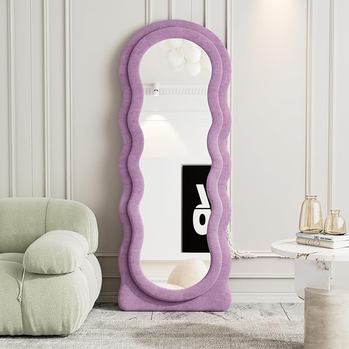 Full Length Mirror, 63"x24" Wavy Floor Mirror, Arched Standing Mirrors Full Length, Cloud Shaped Flannel Wall Mirrors, Dressing Body Mirror Hanging or Leaning Against Wall for Bedroom (Purple)
