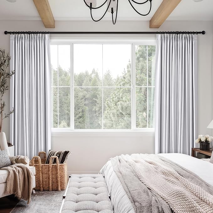 Topfinel White 102 Inches Long Custom Blackout Linen Curtains, Pinch Pleated Noise Cancelling Curtains with Pin Hooks for Traverse Rods, Viral Drapes 2 Panels for Living Room Master Bedroom