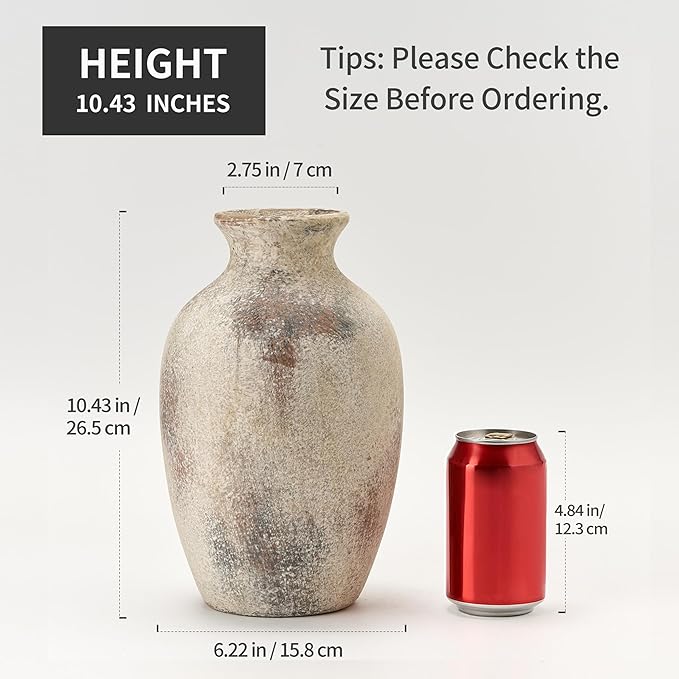 Large Ceramic Rustic Flower Vase, 10.43 Inch Tall Vintage Pottery Home Decor, Antique Farmhouse Terracotta Vase for Living Room, Table, Shelf, Mantel Decoration, Farmhouse - Natural Brown