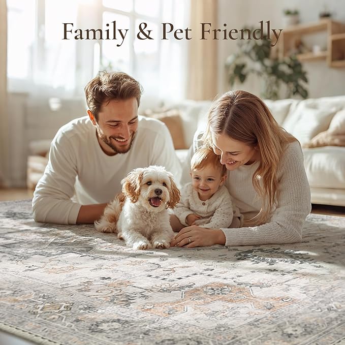 GENIMO Runner Rug 2'6''x12, Non Slip Vintage Hallway Runner Rugs, Low Pile Lightweight Machine Washable Mat for Hallway, Entryway, Bedroom, Kitchen and Corridor, Light Taupe Brown