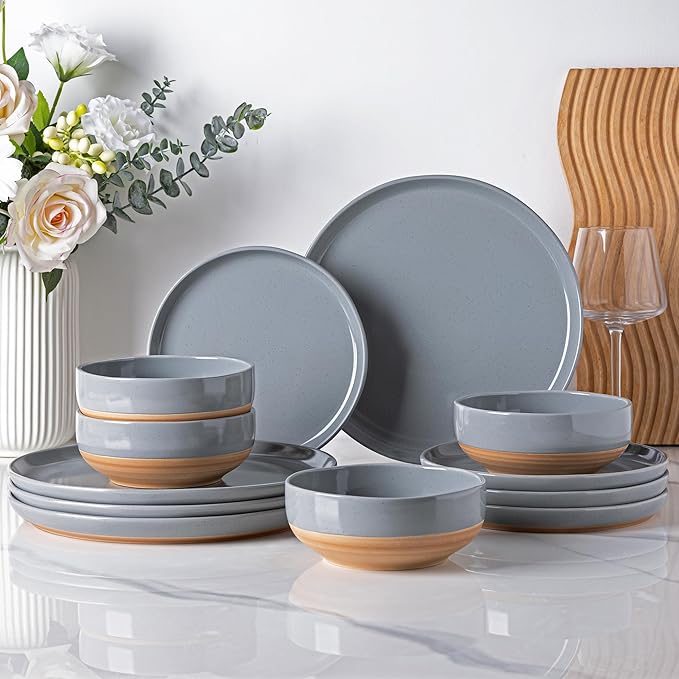 AmorArc Ceramic Dinnerware Sets for 6, 18 Pieces Handpainted Plates and Bowls Set with Rustic Terracotta Underside, Scratch Resistant Stoneware Dishes Set, Dishwasher & Microwave Safe, Gray