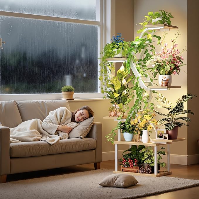 White Plant Shelves with Grow Lights: 7-Tier 65" Tall Stand for Indoor Corners, Living Room Display or Bedroom Gardening Rack