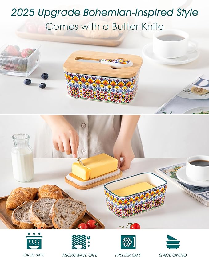 vancasso SIMI Butter Dish with Lid, 6.5" Large Butter Dish for Countertop, Bohemian Ceramic Butter Keeper Container with Knife and Bamboo Lid, Butter Holder for Counter, Golden Bloom