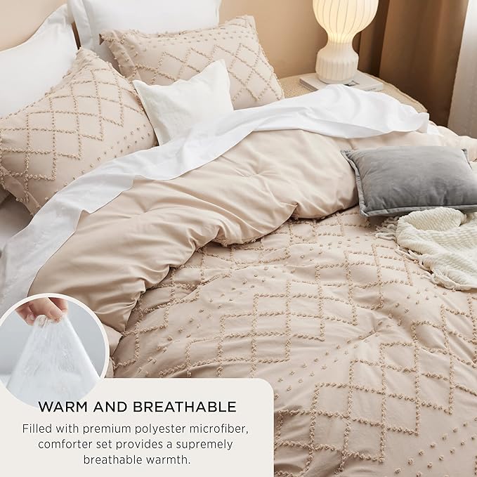 Bedsure King Comforter Set - Warm Tan Comforter, Boho Tufted Shabby Chic Bedding for Kids, 3 Pieces Vintage Farmhouse Bed Set for All Seasons, Fluffy Soft Bedding with 2 Pillow Shams